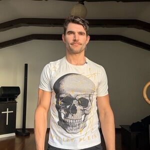Philipp Plein White and Gold Skull Tee